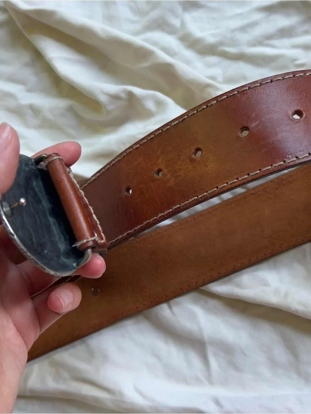 COLMAR Brown Leather Belt with Decorative Silver Concho Buckle